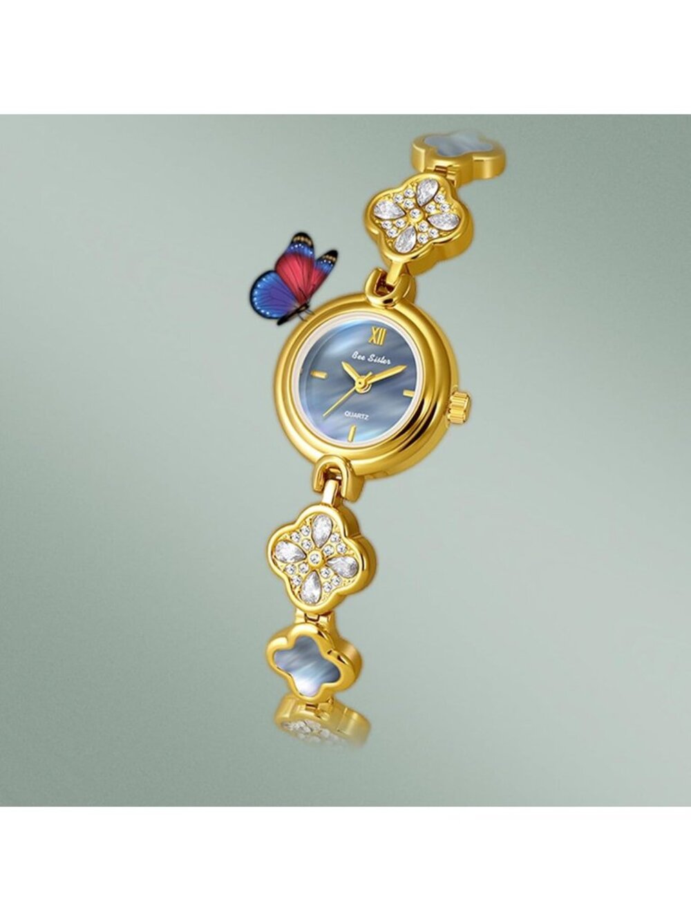 Women's Gold Blue Analog Quartz Vintage Hollow Four Leaf Chain Bracelet Watch - Picture 5 of 6